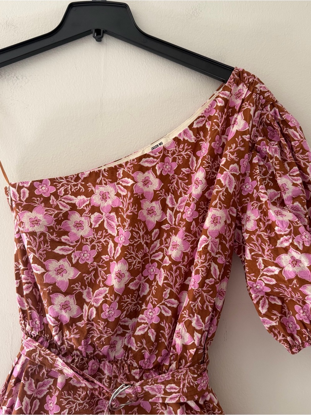 Jason Wu One Shoulder Dress Puff Sleeve Floral Tiered Rust Pink Size Medium - Picture 2 of 8